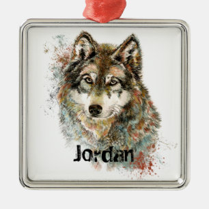 Custom Name Personalized Grey Wolf Metal Ornament