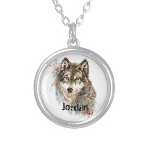 Custom Name Personalized Grey Wolf Silver Plated Necklace