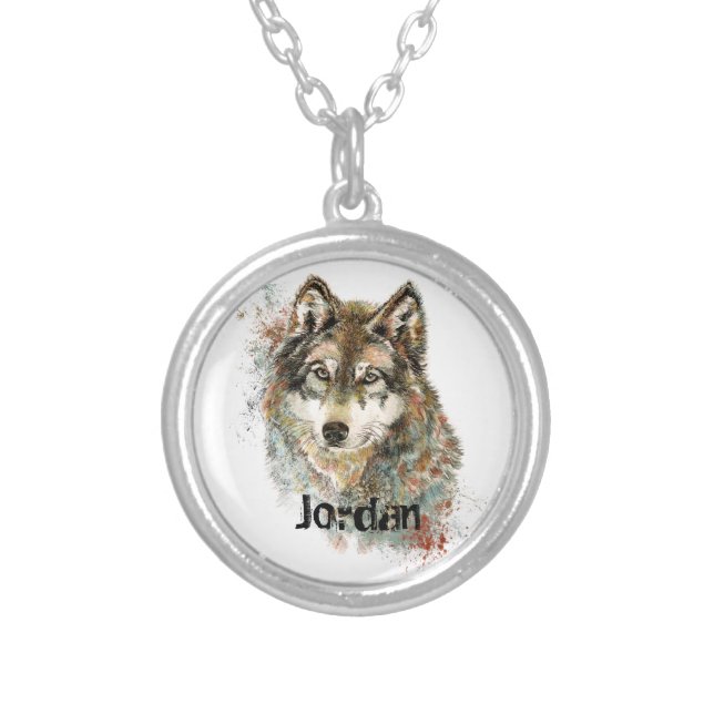 Custom Name Personalized Grey Wolf Silver Plated Necklace (Front)