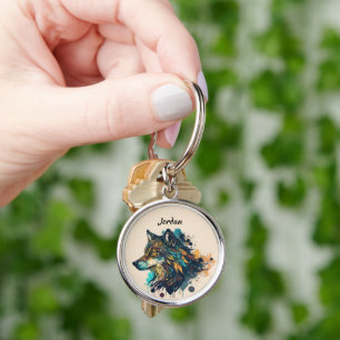 Custom Name Personalized Stylized Wolf Head Keychain