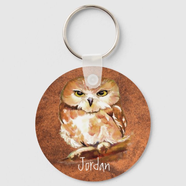Custom Name Personalized Watercolor Owl Bird Keychain (Front)