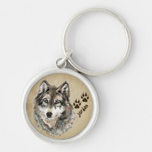 Custom Name Personalized Wolf & Tracks Keychain