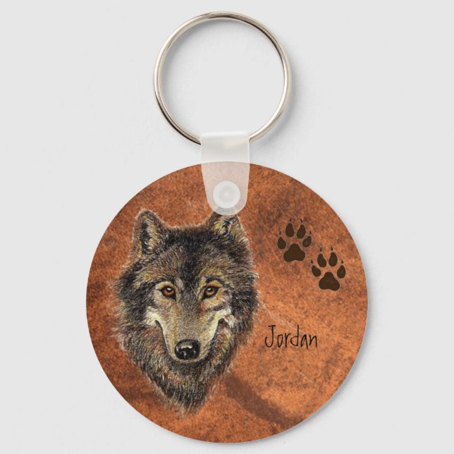 Custom Name Personalized Wolf & Tracks Keychain (Front)