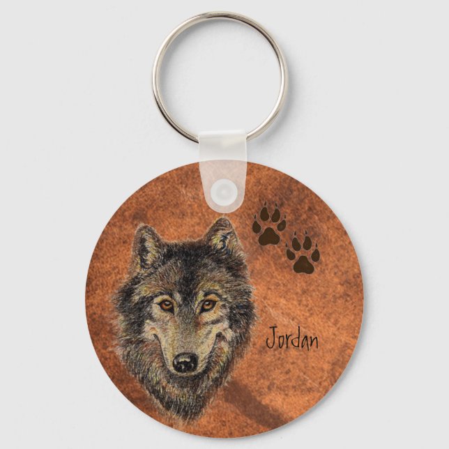 Custom Name Personalized Wolf & Tracks Keychain (Front)