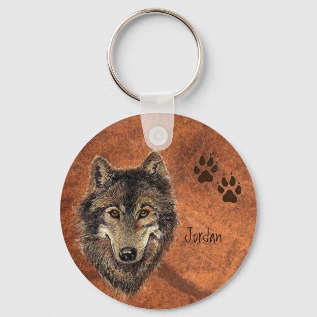 Custom Name Personalized Wolf & Tracks Keychain (Front)