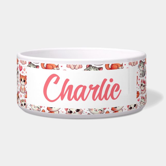  Custom Name Pet Bowl with Cat Pattern Decor (Front)