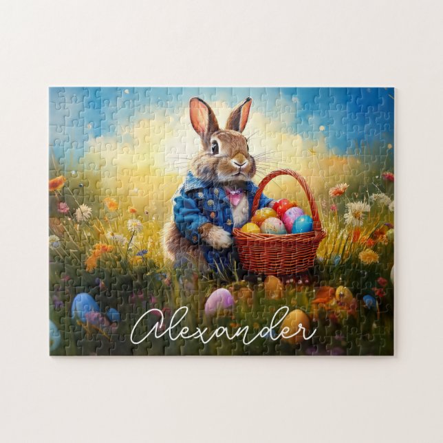 Custom Name Peter Easter Bunny with Easter Eggs Jigsaw Puzzle (Horizontal)