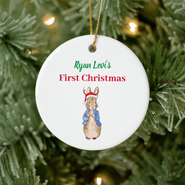 Custom Name Peter the Rabbit First Christmas Ceramic Ornament (Tree)