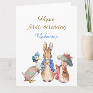 Custom Name Peter the Rabbit Happy First Birthday Card