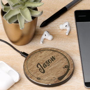 Custom Name Phone Charger, Fun Fishing Gift Wooden Wireless Charger