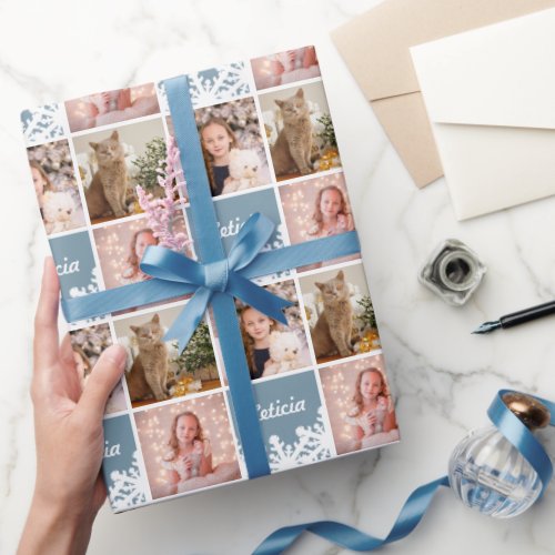 Custom Name  Photo Collage Blue White Snowflake Wrapping Paper