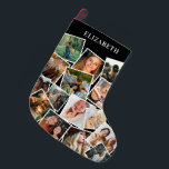 Custom Name Photo Collage Large Christmas Stocking<br><div class="desc">Personalized christmas stocking featuring a stylish black background that can be changed to any color,  a 15 photo collage for you to replace with your own pictures,  and the persons name. On the reverse is a traditional festive plaid tartan pattern.</div>