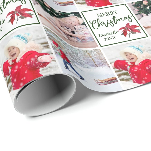 Custom Name & Photo Collage Poinsettia Christmas Wrapping Paper (Roll Corner)