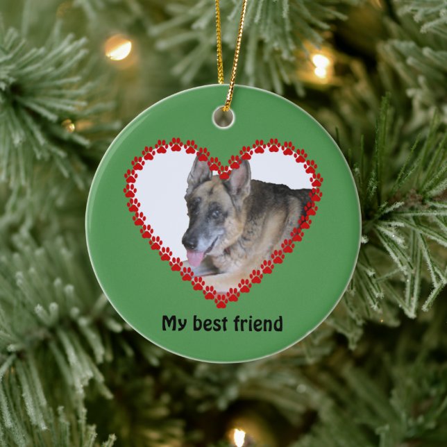 Custom name photo dog paw prints 2-sided ceramic ornament (Tree)