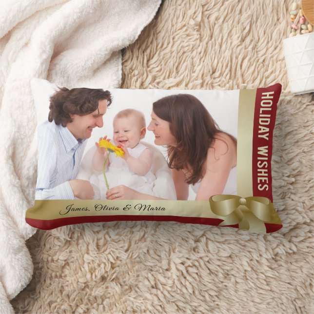 Custom Name & Photo Holiday Red, Gold Bow Lumbar Pillow (Blanket)