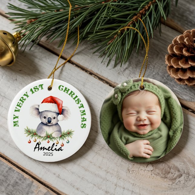 Custom Name & Photo Keepsake with Cute Aus Koala Ceramic Ornament (Creator Uploaded)