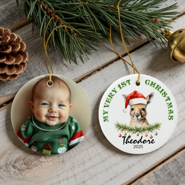 Custom Name & Photo Keepsake with Cute Aus Roo Ceramic Ornament (Creator Uploaded)