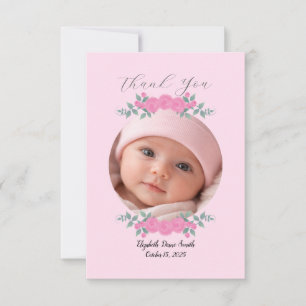 Custom Name Photo, Pink Roses Baby Thank you Card 