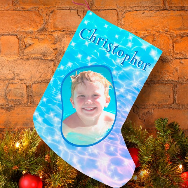 Custom Name Photo Sparkling Water Ripples Swimming Small Christmas Stocking (Creator Uploaded)