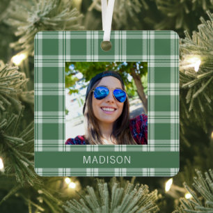 Custom Name, Photo & Text Plaid / Tartan Pattern Metal Ornament