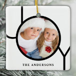 Custom Name Photo White Christmas  Ceramic Ornament<br><div class="desc">This modern Christmas Photo Ornament is decorated with the word JOY in black on a white background.
Easily customizable with your photo and name.</div>