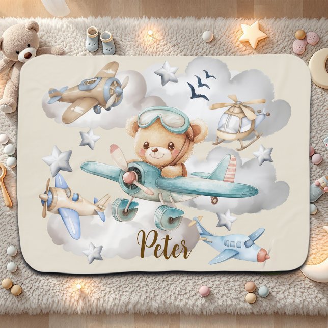 Custom Name Pilot Teddy Bear  Baby Blanket (Creator Uploaded)
