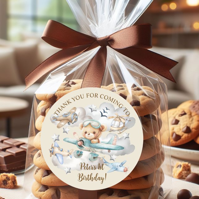 Custom Name Pilot Teddy Bear Birthday Party Classic Round Sticker (Creator Uploaded)