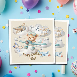 Custom Name Pilot Teddy Bear Birthday Party Napkins