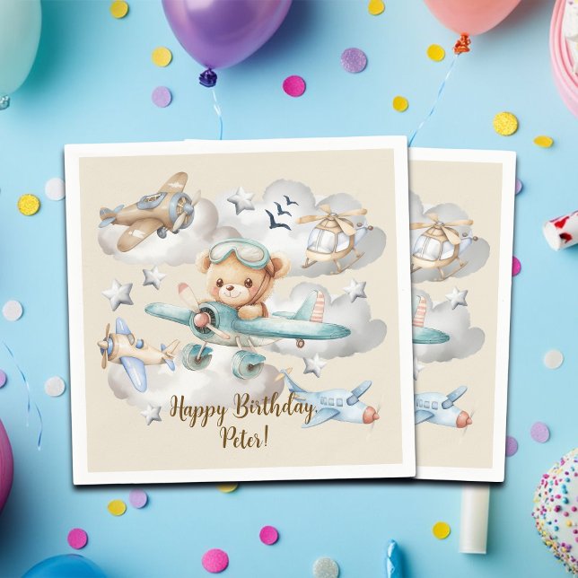 Custom Name Pilot Teddy Bear Birthday Party Napkins (Creator Uploaded)