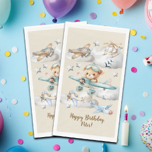 Custom Name Pilot Teddy Bear Birthday Party Paper Guest Towels