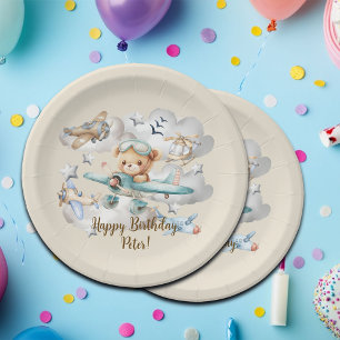 Custom Name Pilot Teddy Bear Birthday Party Paper Plates