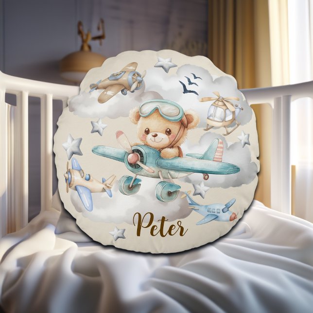Custom Name Pilot Teddy Bear Round Pillow (Creator Uploaded)