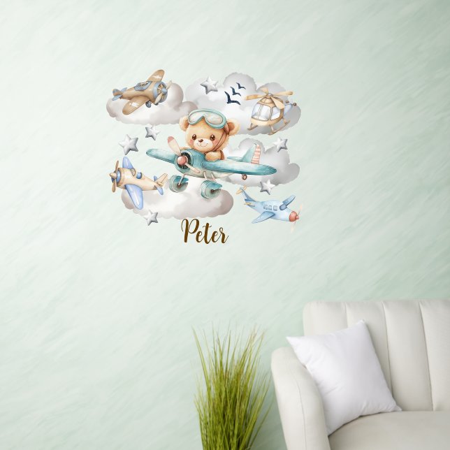Custom Name Pilot Teddy Bear  Wall Decal (Living Room)