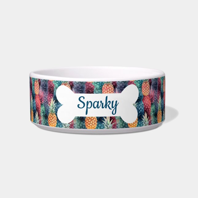 Custom Name Pineapple Pattern Pet Dog Bowl (Front)