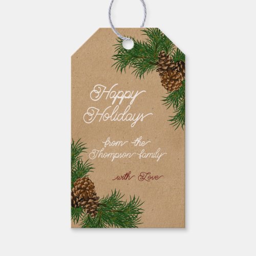 Custom Name Pinecones Pine Branches Kraft Holiday Gift Tags