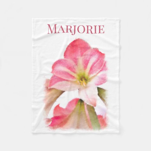 Custom Name Pink Amaryllis Flower Fleece Blanket