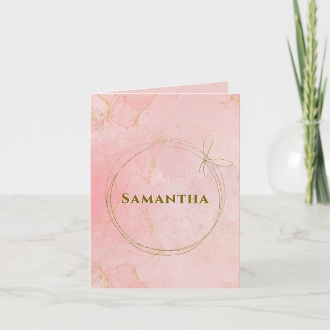 Custom Name Pink and Gold Folded Note Card (Front)