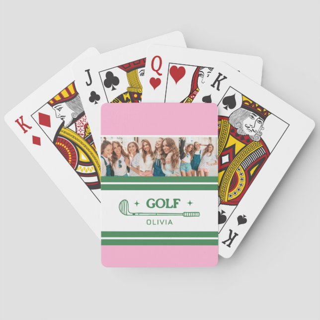 Custom Name Pink and Green golf lover photo Poker Cards (Back)