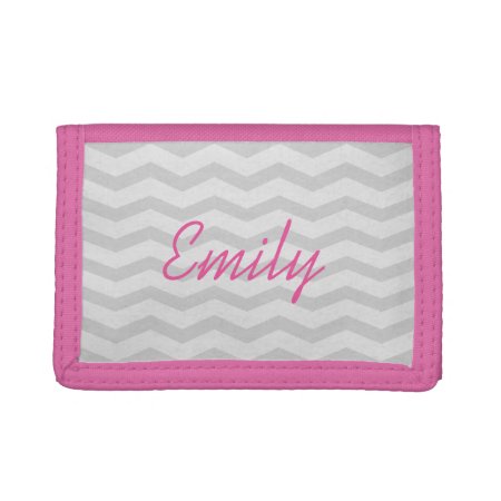 Custom Name Pink And Grey Chevron Wallet For Girls
