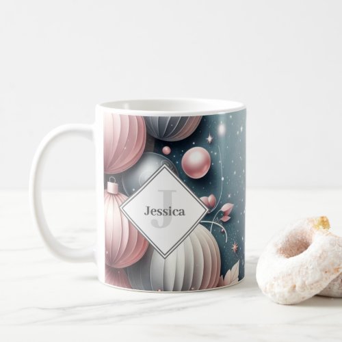Custom Name Pink and Silver Festive Baubles Coffee Mug