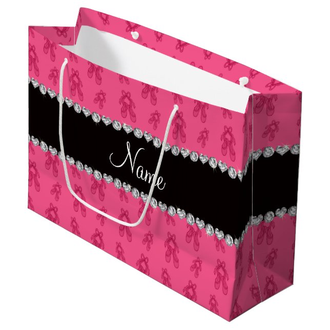 Custom name pink ballet shoes large gift bag (Front Angled)