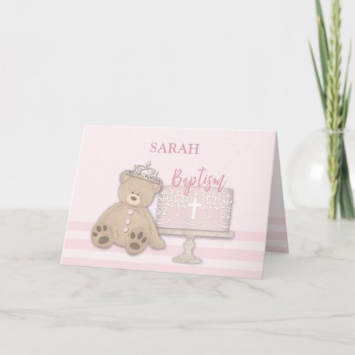 Custom Name Pink Baptism Cake Teddy Bear and Tiara Card