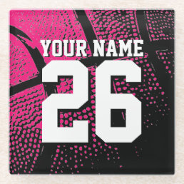 Custom name pink basketball sports jersey number glass coaster