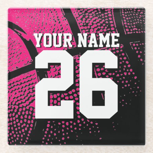 Custom name pink basketball sports jersey number glass coaster