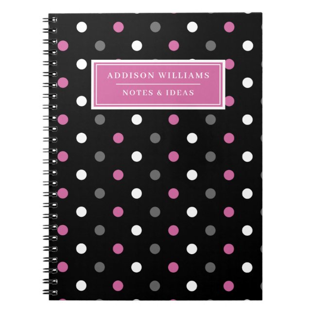 Custom Name Pink Black Polka Dot Pattern Notebook (Front)