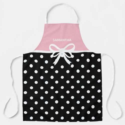 Custom Name Pink Black Polka Dot Ribbon Bow Cute Apron