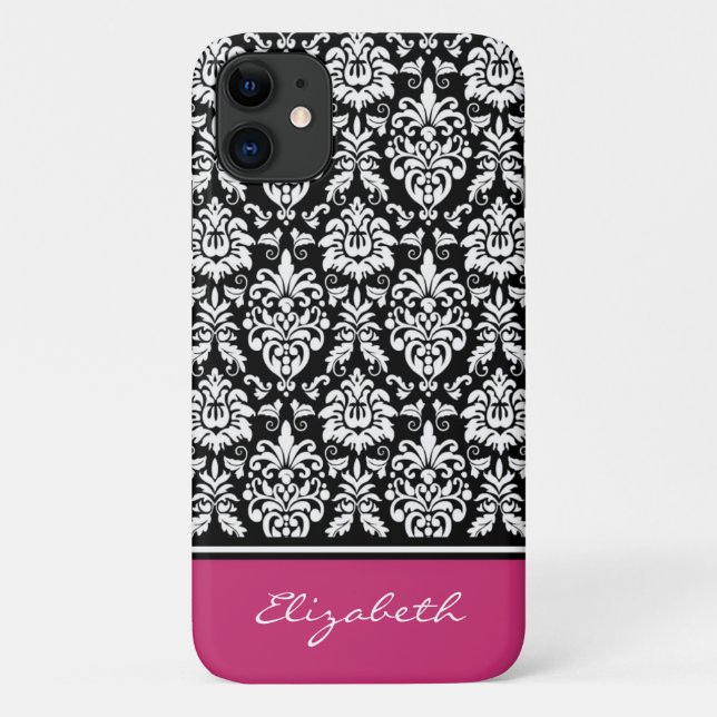 Custom Name Pink Black White Damask Case-Mate iPhone Case (Back)