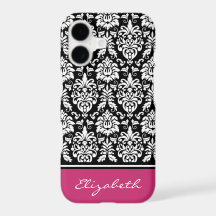Custom Name Pink Black White Damask