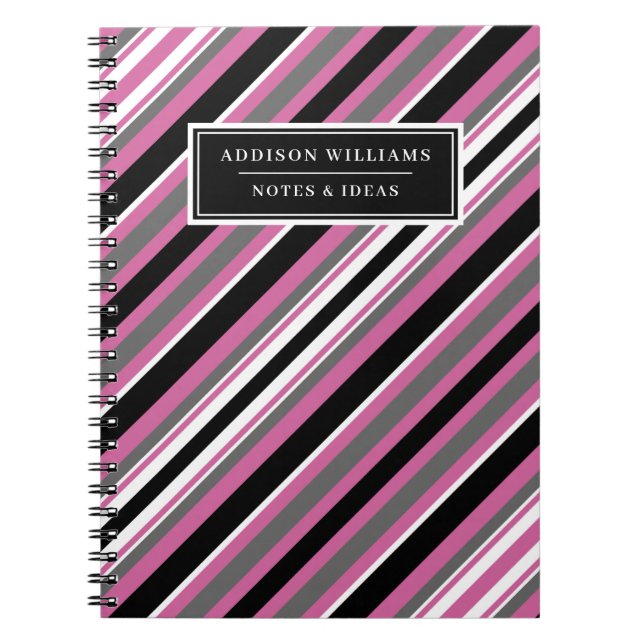 Custom Name Pink Black White Stripe Pattern Notebook (Front)