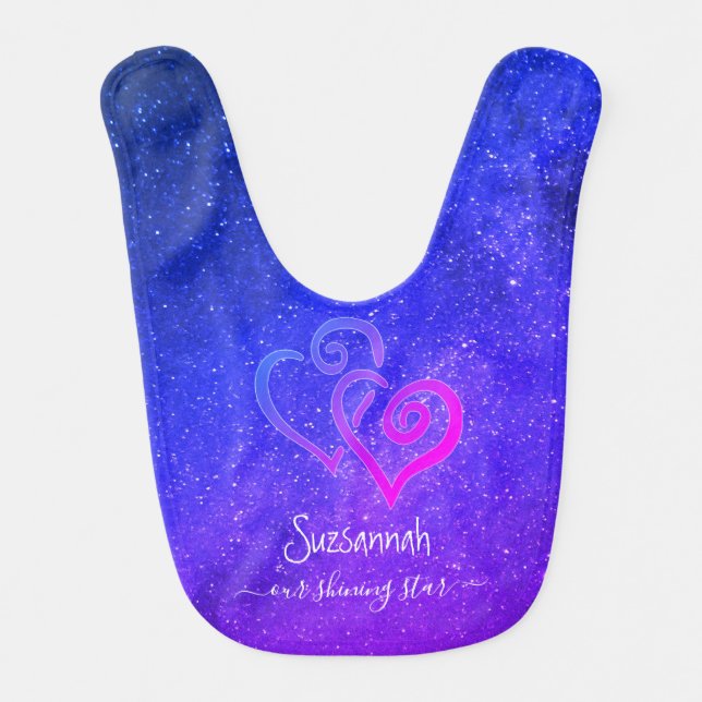 Custom Name Pink Blue Night Sky Stars Baby Bib (Front)